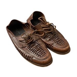 Brown Leather Woven Boat Shoes Loafers Mens